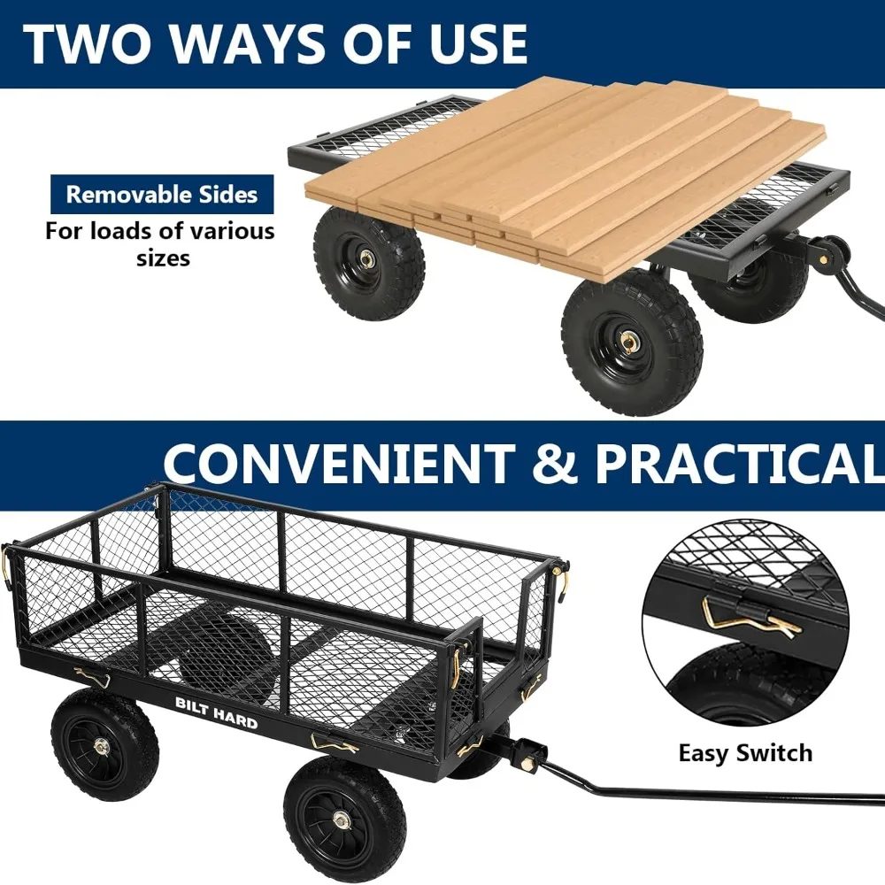 Heavy-Duty Garden Cart with 880 lbs Capacity, 180° Rotating Handle, Removable Sides, 4 Cubic Feet Flat-Free Tires