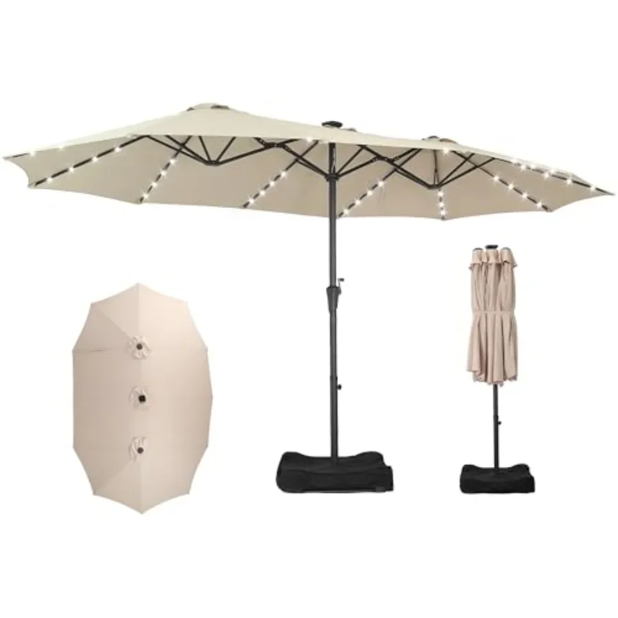 Outdoor rectangular market umbrella for deck or pool shade, polyester fabric, beige, 15 feet double-sided with solar-powered 48
