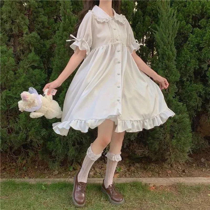 Japanse Lolita Witte Jurk Vrouwen Zomer Bladerdeeg Mouw Ruches Jurk Preppy Stijl Kawaii Zoete Fee Peter Pan Kraag Midi Jurken