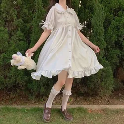 Japanese Lolita White Dress Women Summer Puff Sleeve Ruffles Dress Preppy Style Kawaii Sweet Fairy Peter Pan Collar Midi Dresses
