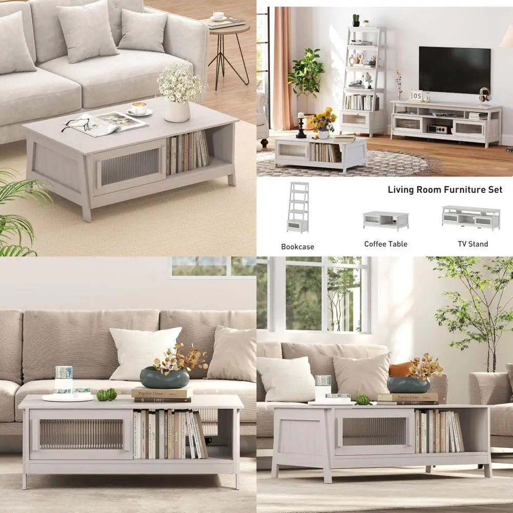 

Modern Rectangular Wooden Storage Coffee Table with Glass Sliding Doors for Living Room, White - Sleek and Stylish Space-Saver