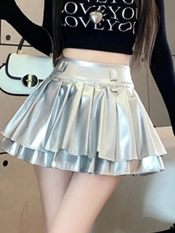 アメリカンスタイルのセクシーなシルバーの二重プリーツスカート、女性用サマーファッション、クールで美しいハイウエスト、スリム効果のあるレザー...