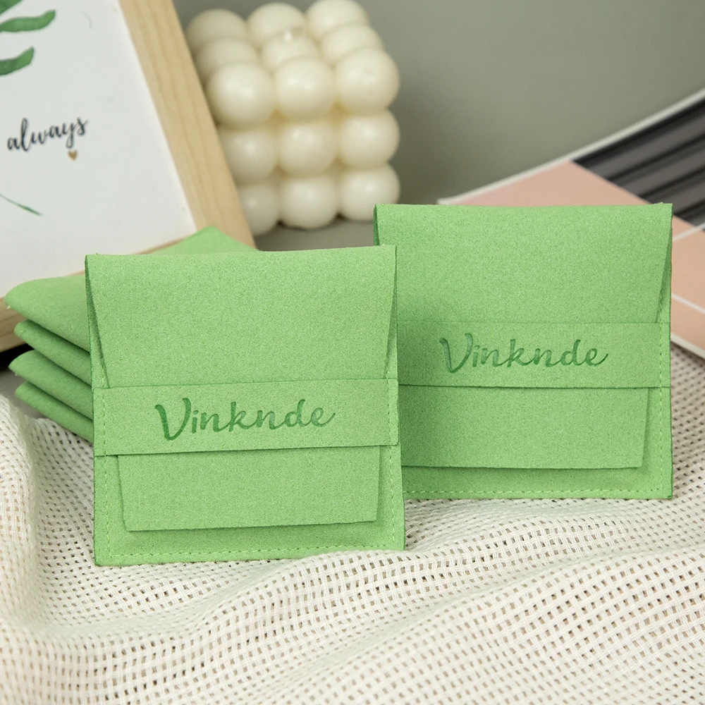

100Pcs Custom Logo Olive Green Jewelry Microfiber Envelope Bag Earring Necklace Ring Stud Watch Storage Wedding Gift Packaging