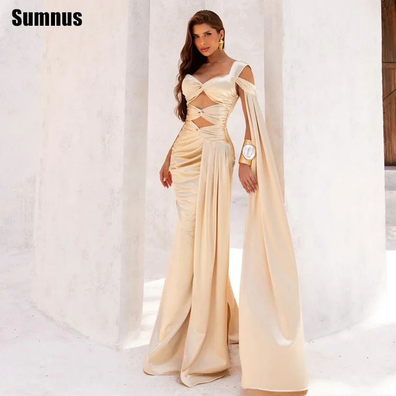 Sumnus-vestidos elegantes de sirena para fiesta de graduación, vestidos largos de color champán con un hombro descubierto, vestidos de fiesta con ilusión de ilusión, vestidos de Gala personalizados