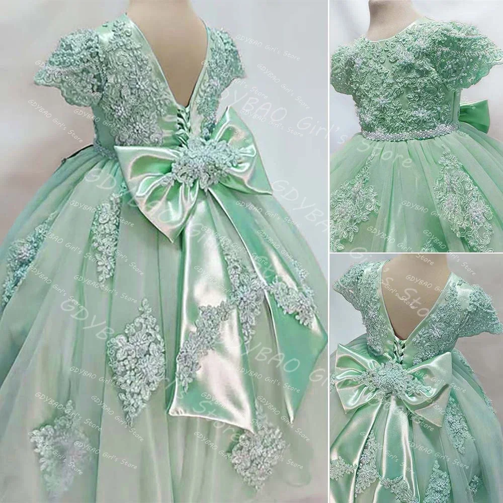 Customized Flower Girl Dress for Wedding Beaded Appliqued Tulle Princess Pageant Gown Backless Kids Birthday Dress with Bow/Sash