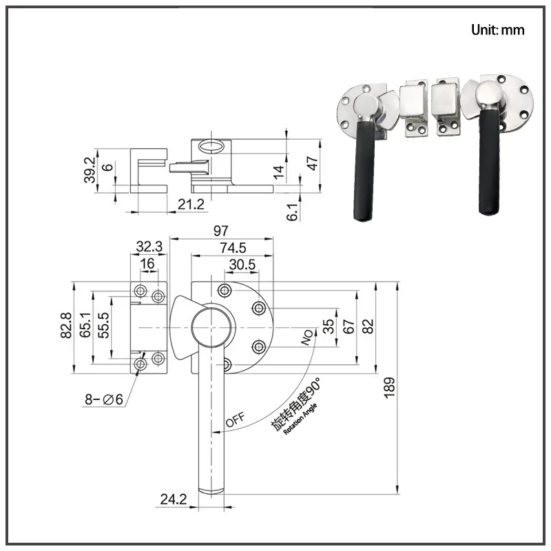 Fechadura de vedação rotativa para porta de recipiente, estrutura de aço inoxidável, alça de refrigeração, maçaneta de porta de máquinas de celular