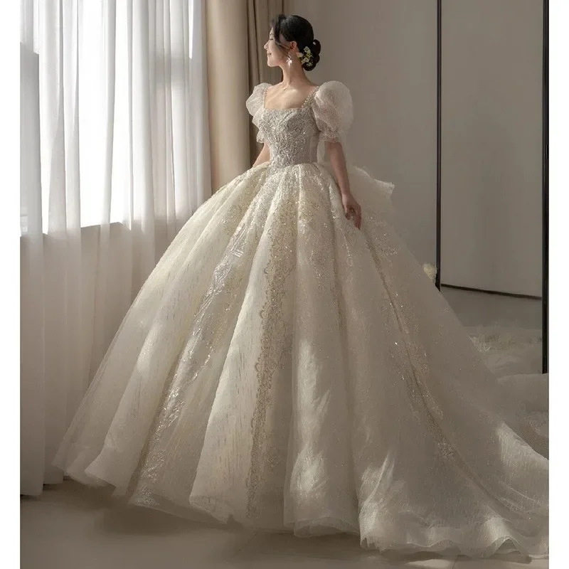 

Neck Short Sleeve Women Glitter Ball Bridal Gown Beading Princess Shiny Wedding Dresses 2025 For Bride Sweetheart Customized