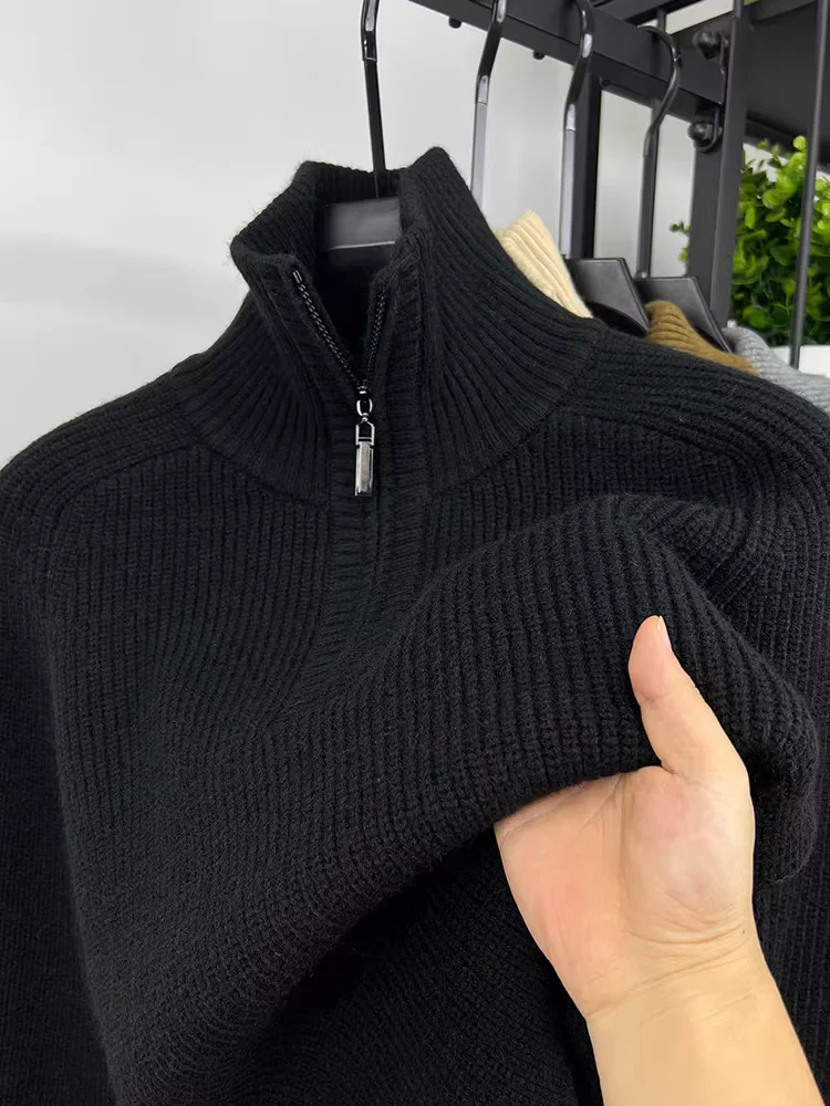 High quality luxury 2024 autumn and winter fashion new trend solid color lapel men's sweater casual warm thick  knit  pullover