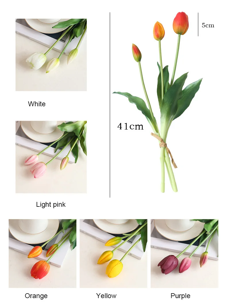 3-köpfige Latex-Tulpen, echt anfühlende Kunstblumen, Hochzeitsdekoration, Tulpen-Brautstrauß, künstliche Blumen, Gastgeschenke für Zuhause und Party, Blumendekoration – Detail 2