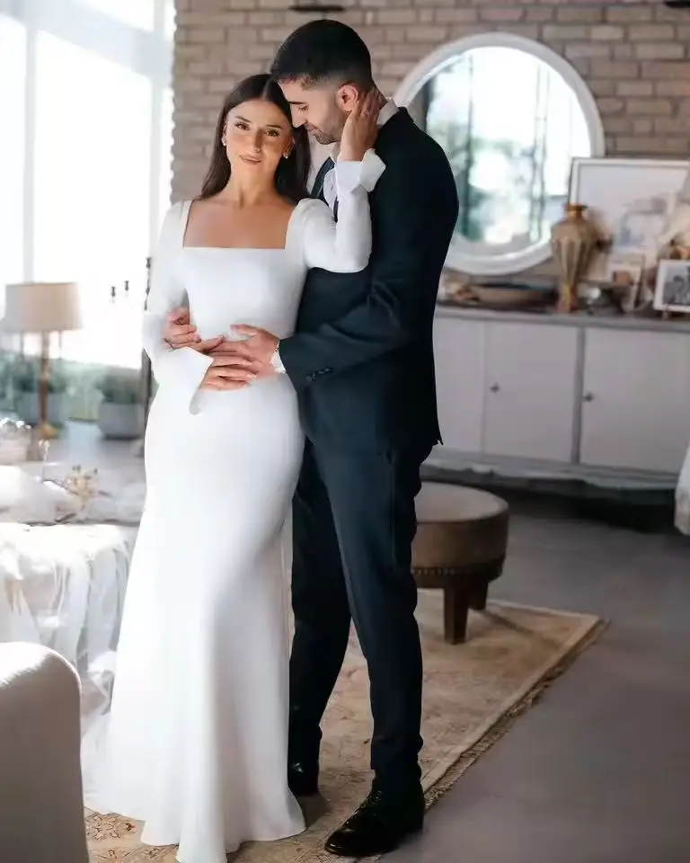 Elegancka suknia ślubna w stylu syreny 2026, suknia zaręczynowa, sukienka damska z długim rękawem na przyjęcie, skromna suknia celebrytki, suknia ślubna szyta na miarę.