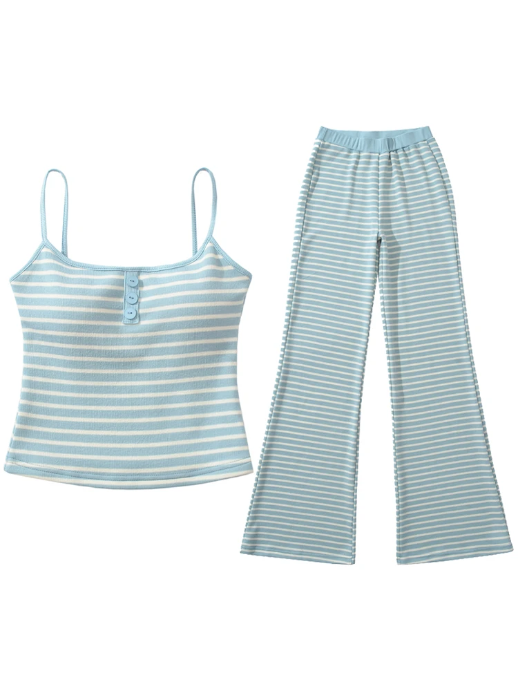 Women's Faion High Waist Stripe Vest Top with Chest Pad Casual Pants Two-Piece Set Cotton ort Sve round Ne Suit