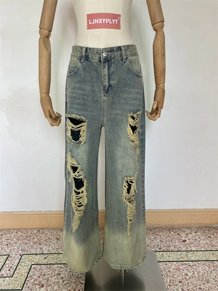 

Women's Broken Hole Vintage Gradient Straight Jeans Distressed Trousers Cool Girl Casual Bottoms Female Street Denim Pants