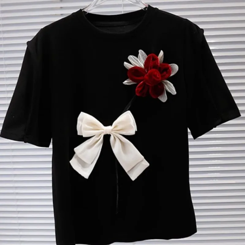 OCEANLOVE Bows T Shirt for Women Spring Summer 3D Flowers Elegant Ropa De Mujer Korean Fashion Sweet Chic Camisetas Tops