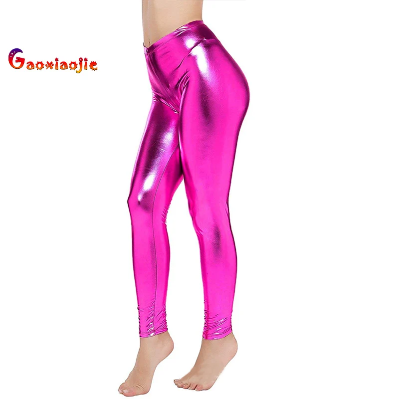 Sexy alta elástica leggings sexy duplo zíper aberto virilha calças para mulheres calças de couro brilhante boate calças divertidas