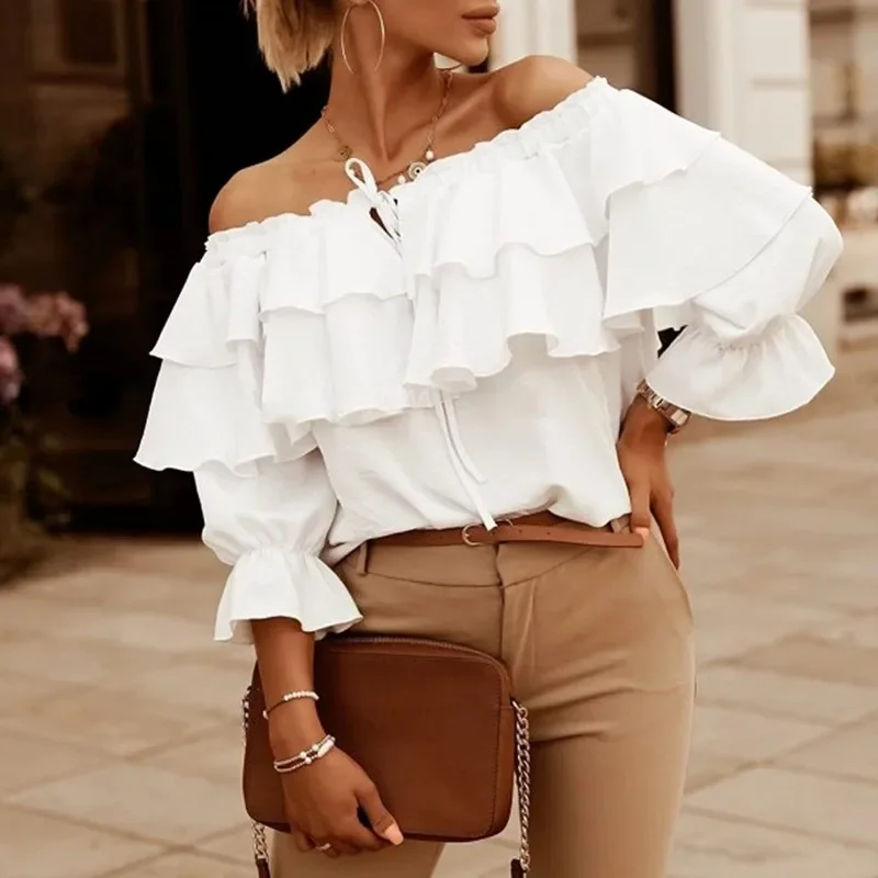 

2025 Spring Summer New Ruffle One Piece Off Shoulder Sexy Chiffon Long Sleeve Shirt
