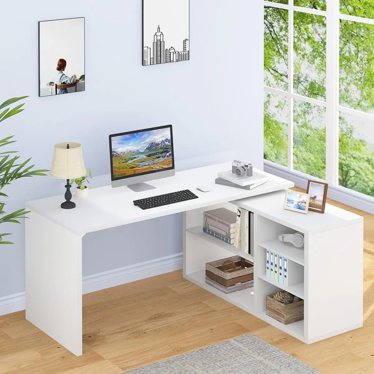 White L-Shaped Desk With Storage, Home Office Workstation, 55 Inch, Customized