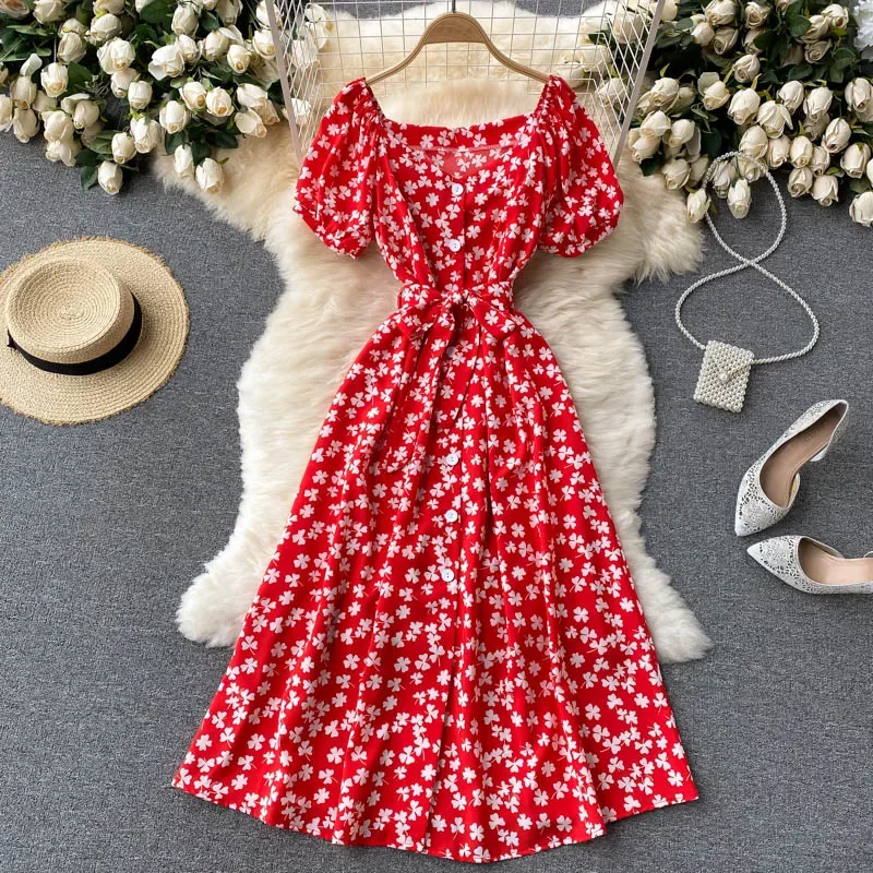 Summer Women Bottons Dress Female Red/Yellow/Black Floral V-Neck Flare Sleeve High Waist Elegant Beach Midi Vestido