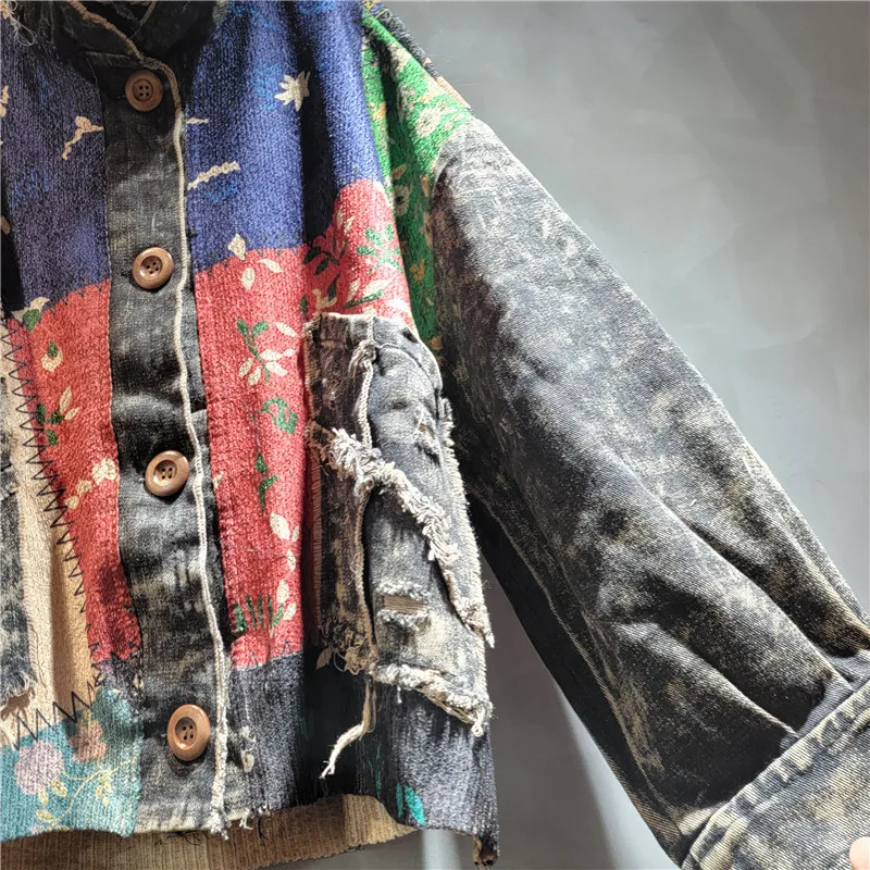 2024 Autumn Fashion Contrasting Color Printing Knitted Splicing Do Old Denim Hooded Cardigan Women Single-breasted Short Jacket