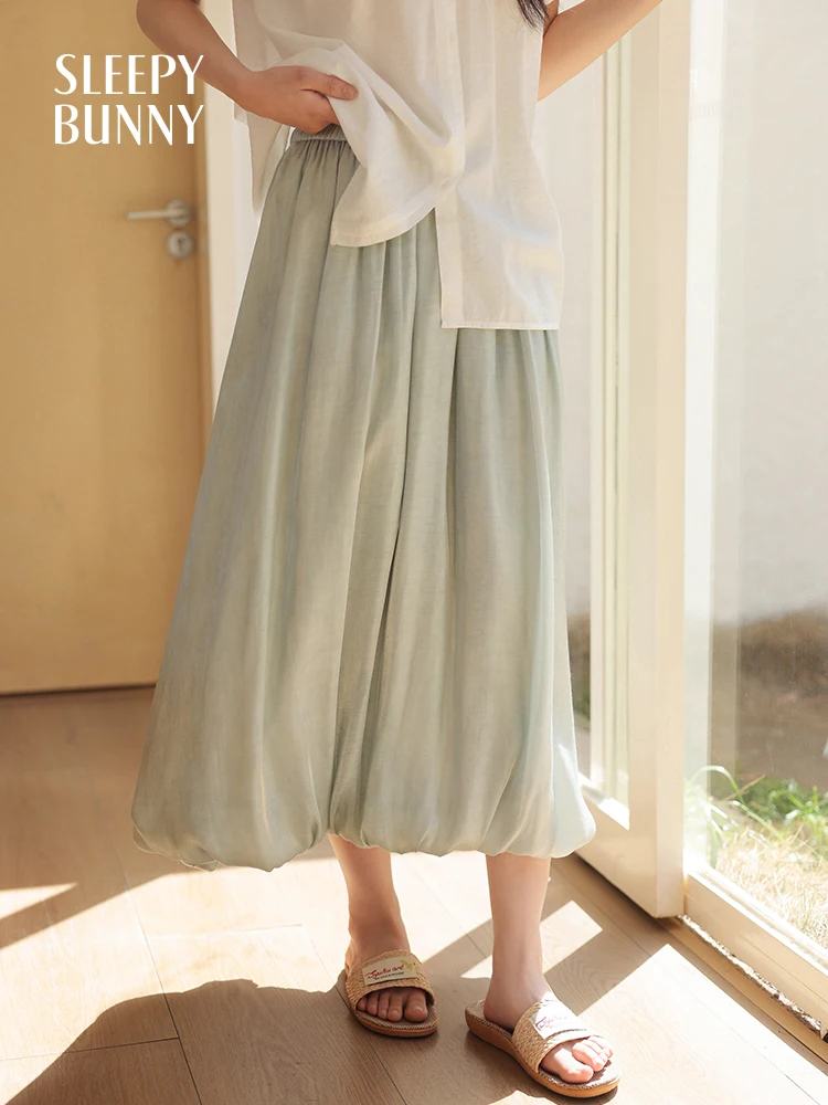 

Shiny Bubble Hem A-line Skirt Women Summer High Waist Elastic Waistband Flowing Long Skirt Petite Loose Fit Elegant Casual Skirt