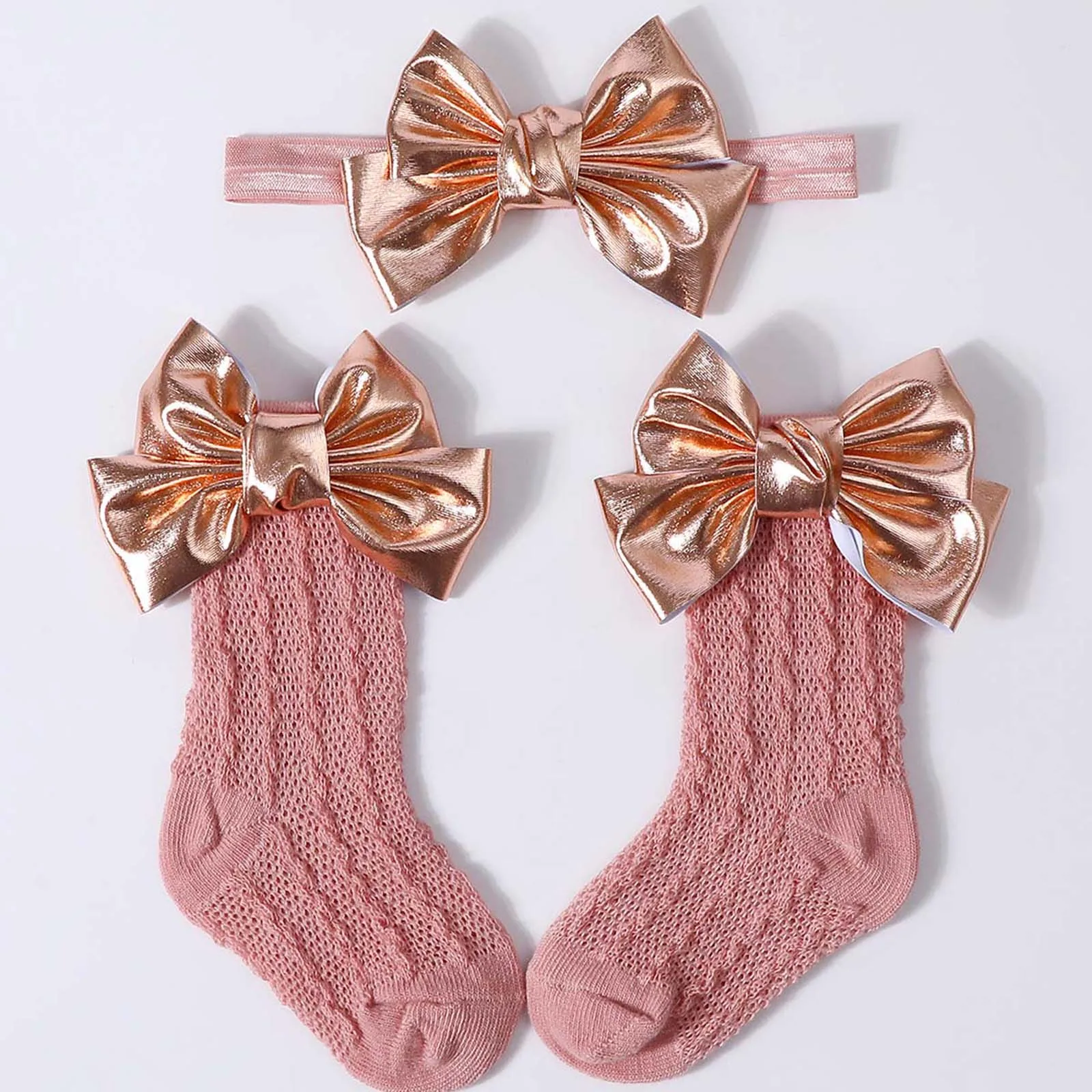 

Tregren 0-2Years Infant Baby Girls Socks Headband Set Breathable Knit Bow Princess Socks for Party, Wedding, Photography