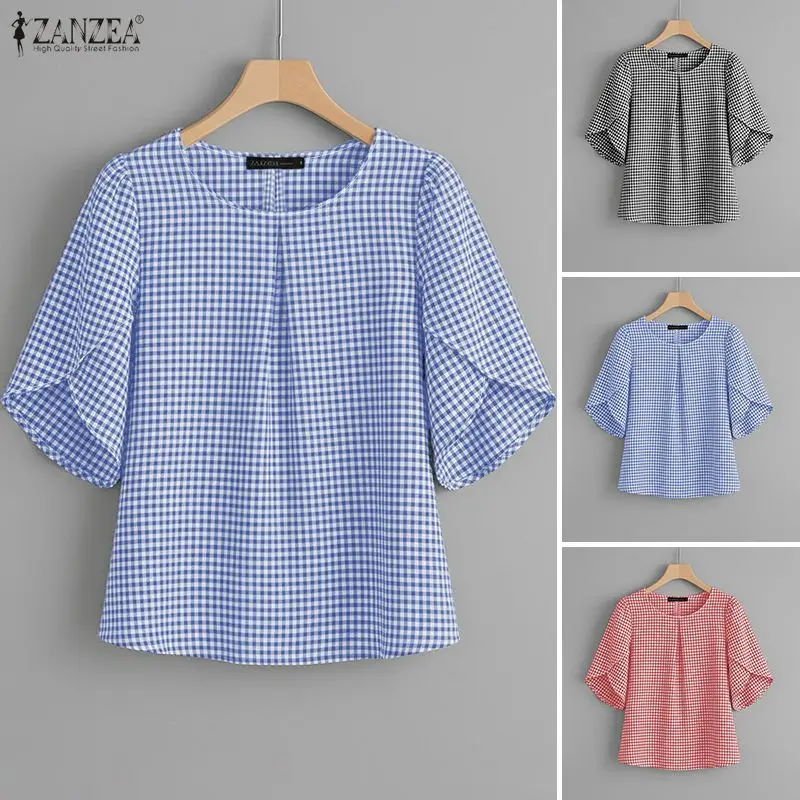 

2026 Summer Plaid Blouse Fashion Shirt ZANZEA Women Elegant Short Petal Sleeve Work Blouses Casual O Neck Holiday Blusas Tunic