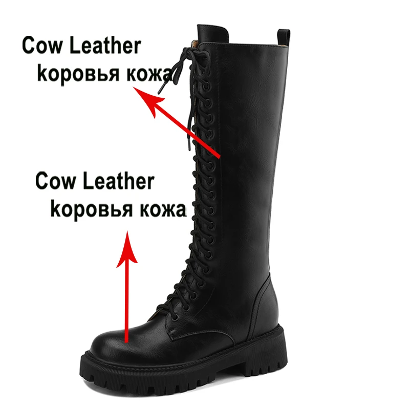 Meotina Women Genuine Leather Knee High Riding Boots Round Toe Flat Zipper Lace-up Warm Ladies Long Boot Autumn Winter Shoes 43