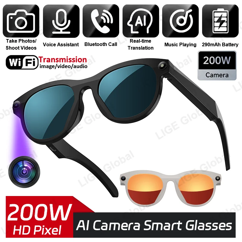 

LIGE 2MP HD Camera Smart Glasses 720P Video Recording 290mAh Battery AI Recognition Translation Voice Control BT Call Sunglasses