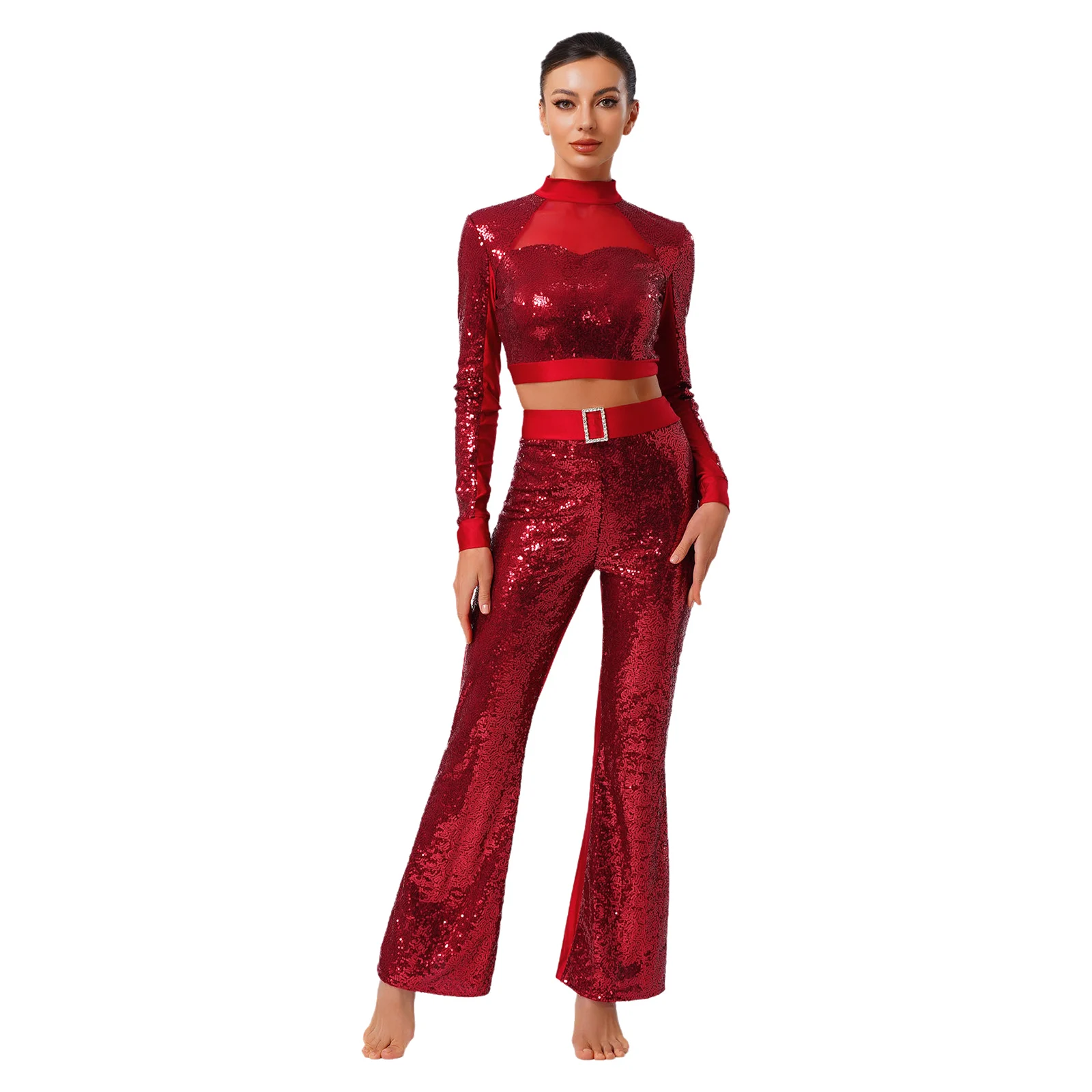 

Women Glittery Jazz Music Stage Dance Costumes Long Sleeve Shiny Crop Tops with Flared Pants 2-piece Disco Party Dance Suits