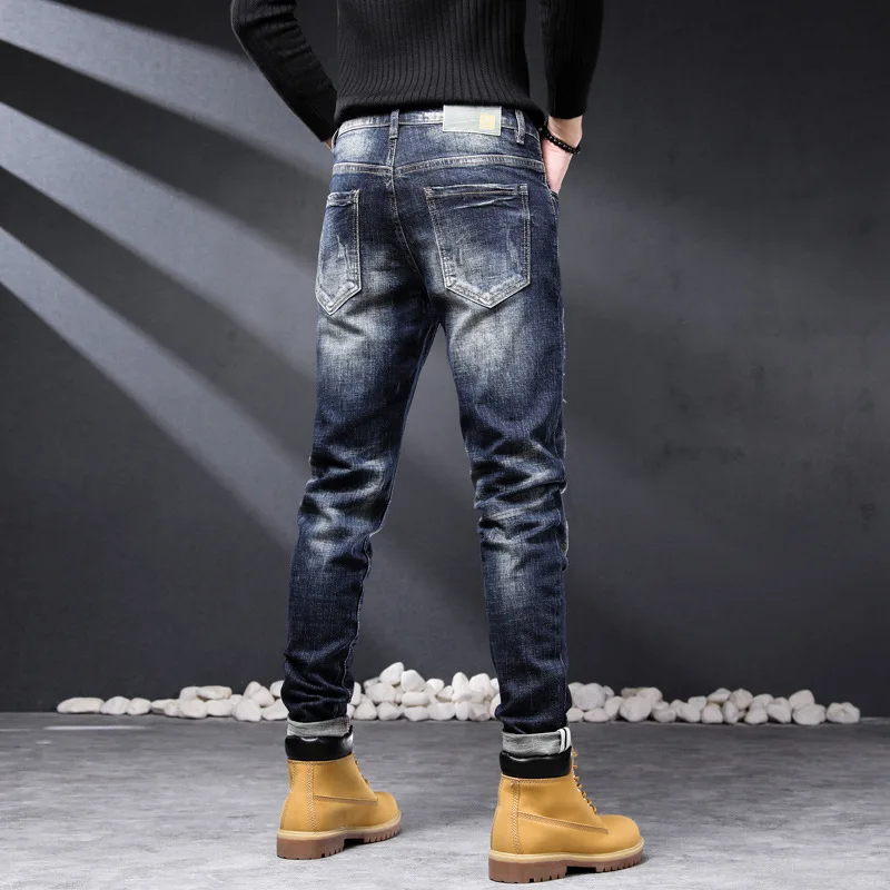 Street Fashion Men Jeans Retro Dark Blue Elastic Stretch Slim Ripped Jeans Men Embroidery Patched Designer Hip Hop Pants Hombre
