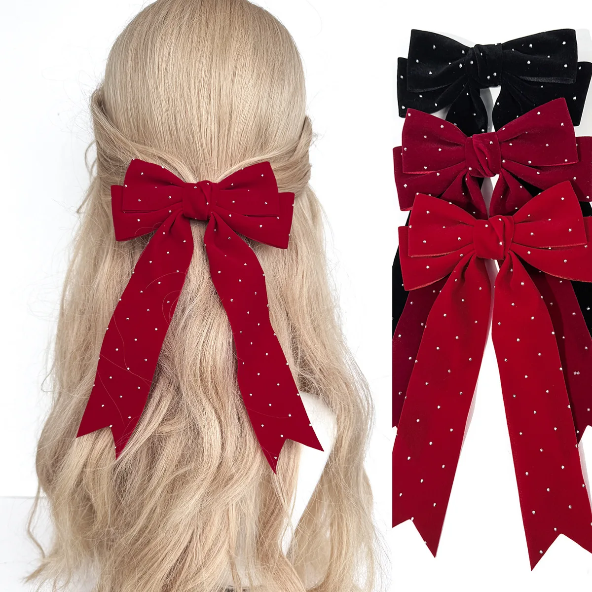 36 قطعة مقاطع الشعر القوس المخملية مع شرابات طويلة حجر الراين ختم القوس الجانب مقاطع Hairgrip للنساء والفتيات السائبة حزمة أغطية الرأس