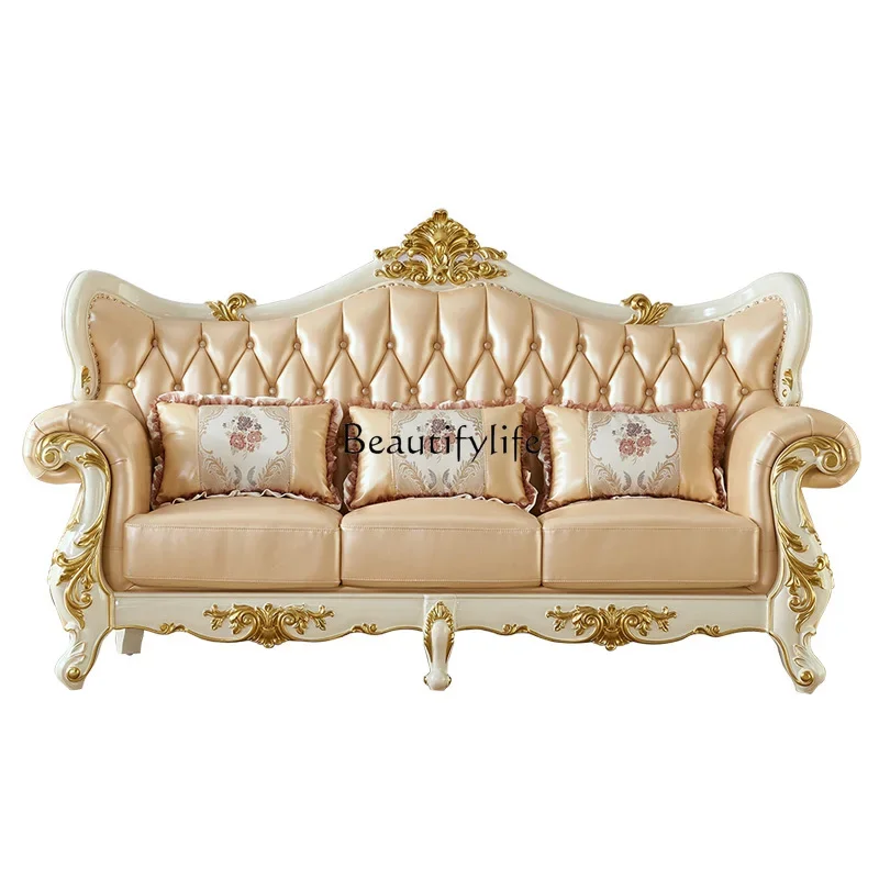 

LLX29European furniture complete French light luxury large and small apartment solid wood leather sofa