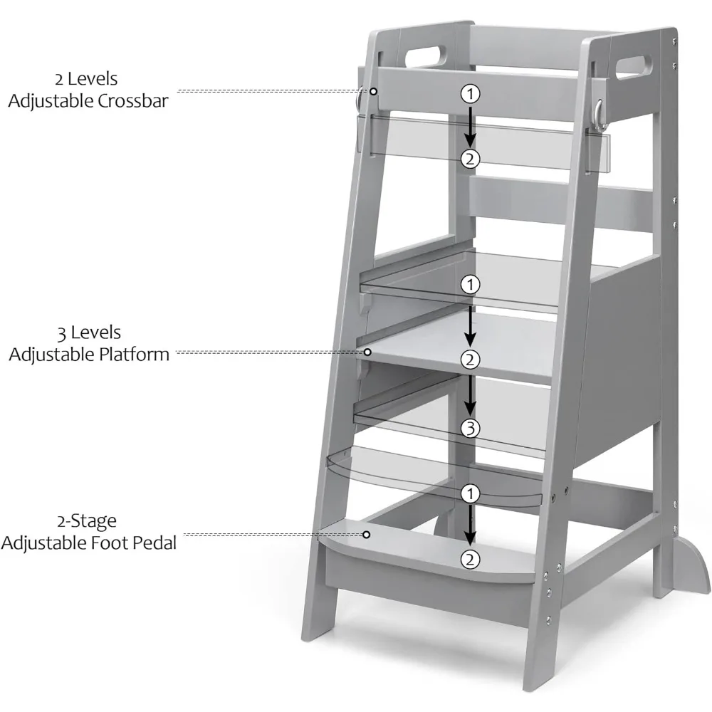 Bamboo Toddler Step Stool Grey Learning Standing Helper Tower for Toddlers Kitchen Stools Counter 3 Height Adjustable Helper