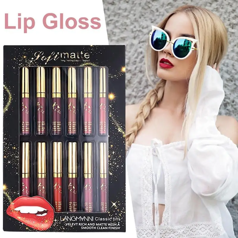 Lápiz de labios de terciopelo nutritivo impermeable para mujer, tinte rojo desnudo, conjunto de maquillaje de labios de moda con caja, envío directo, 12 unidades por lote