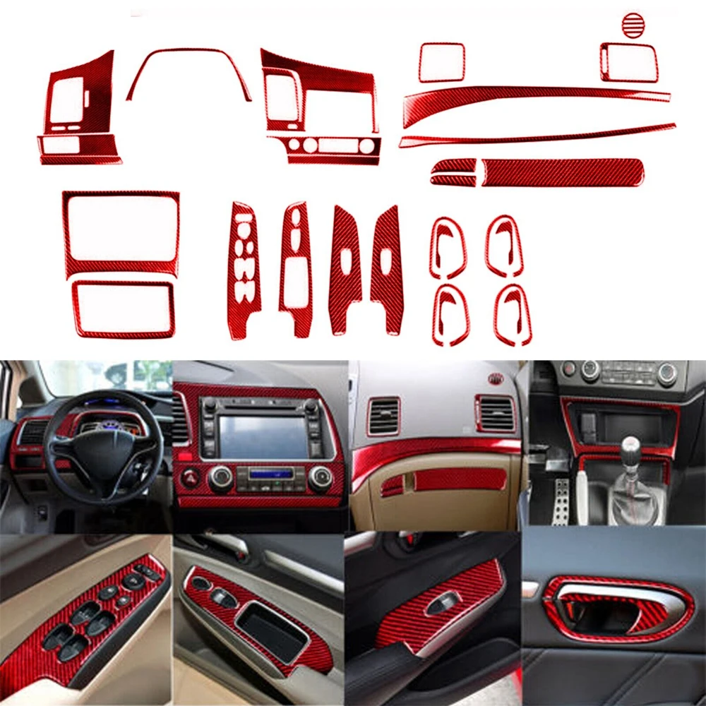 For Honda Civic 8th 2006 2007 2008 2009 2010 2011 Red Carbon Fiber Dashboard Window Lift Interior Full Set Cover Trim Sticker