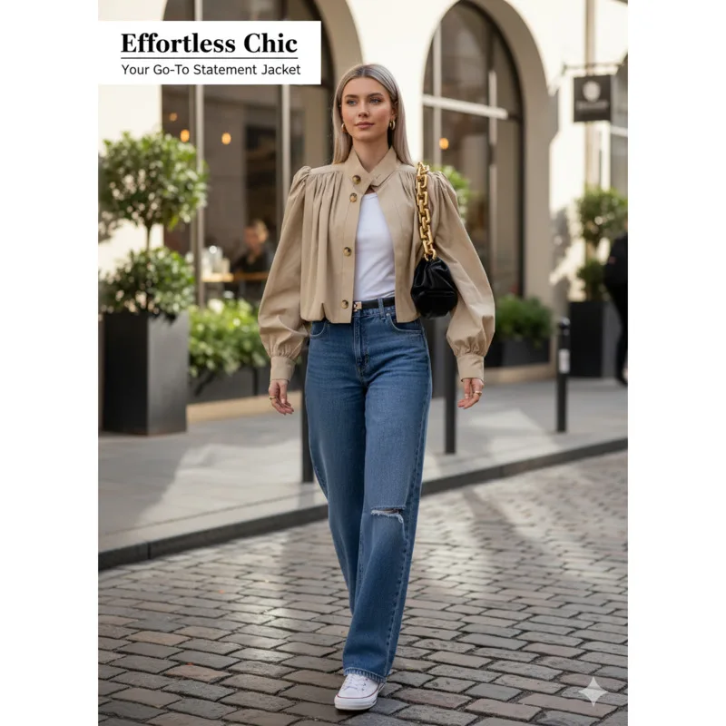 

Шикарная женская плиссированная короткая куртка с рукавами-фонариками и воротником-стойкой, однобортное легкое пальто для повседневной осенней одежды