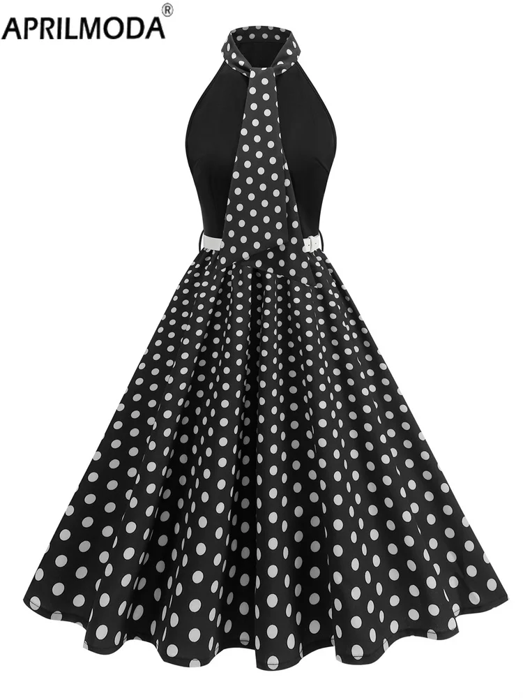 가을 봄 빈티지 패치워크 빅 스윙 A라인 캐주얼 드레스 50년대 슬리브리스 홀터 폴카 도트 프린트 보우 넥 오피스 파티 드레스