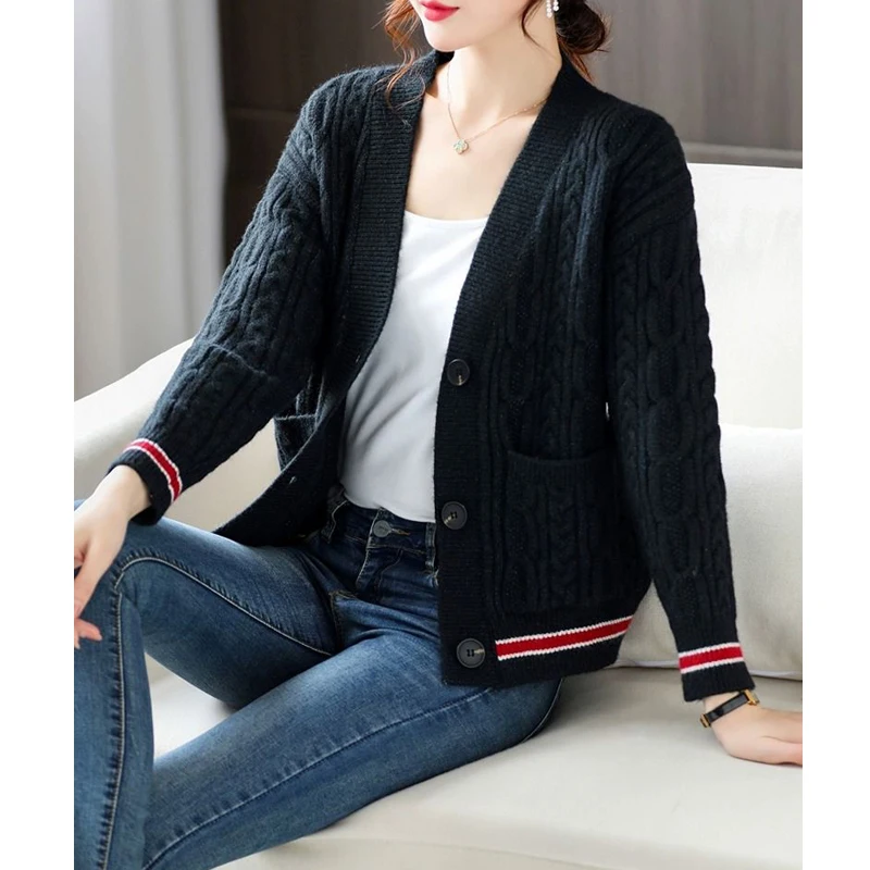 2023 Autumn Winter Women\'s Vintage Twists Single Breasted Outewear Knitted Cardigan Casual V Neck Long Sleeve Loose Sweater Coat