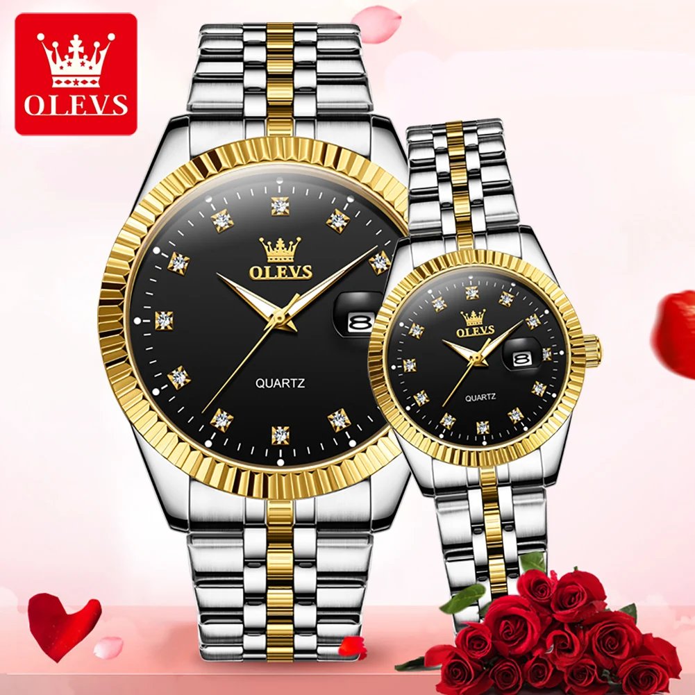 Olevs luxo casal relógios marca superior de aço fino original quartzo relógio pulso para amante à prova dwaterproof água luminosa data moda novo 5520