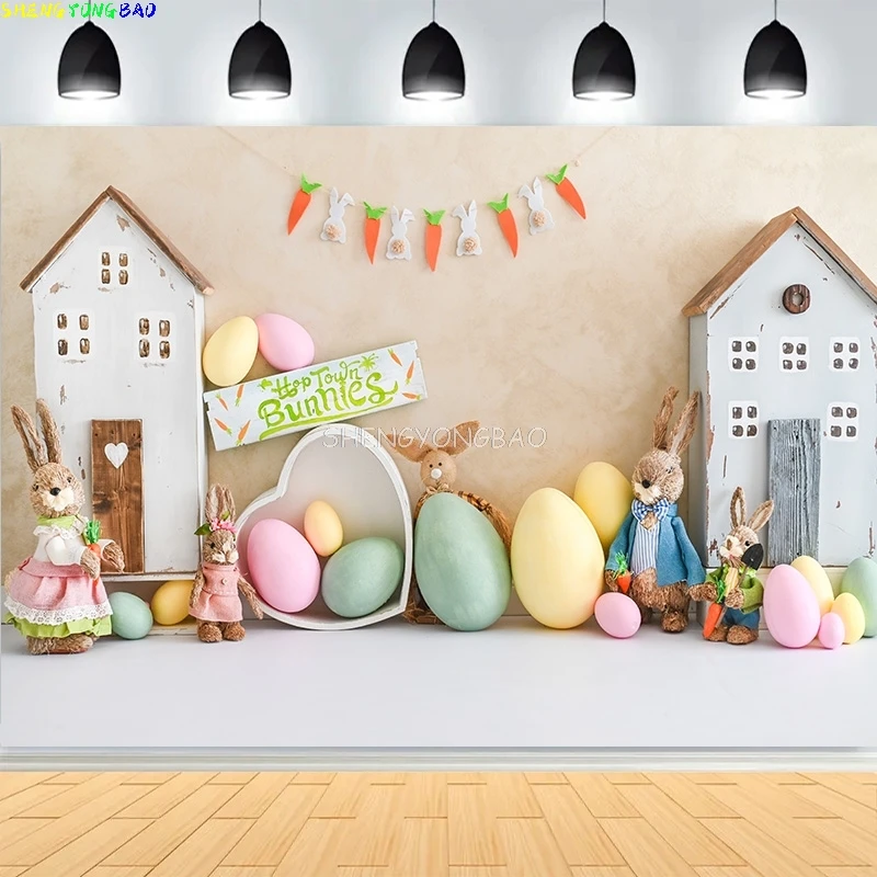 

Colorful Easter Day Floral Photography Backdrop Doorway Eggs Bunny Pastel Whimsical Spring Garden Birthday Party Background HF38