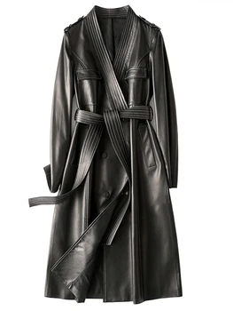 Lautaro-여성용 롱 오렌지 트렌치코트, 부드러운 PU 가죽, 깊은 V 넥, 더블 브레스트, 디자이너 럭셔리 의류, 봄