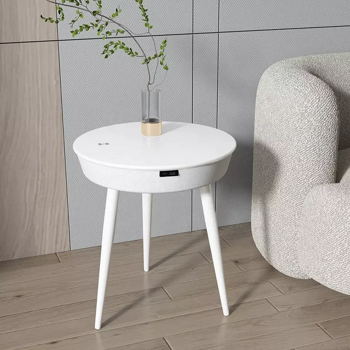 High Quality Bluetooth Sound System Wireless Charging Type C USB Ports End Table Round Side Table