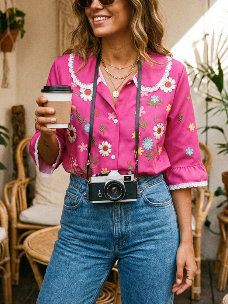 

ZANZEA Vintage Women Floral Print Shirts Peter-Pan Collar 3/4 Sleeve Button Up Lace Trim Patchwork Tops Casual Woman Clothes 3XL