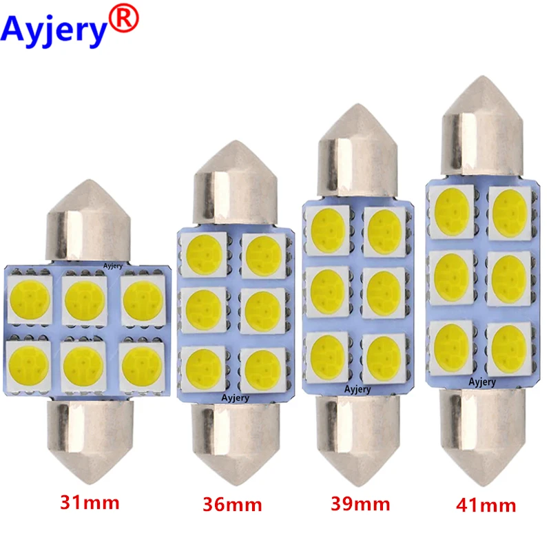 

AYJERY 100pcs Festoon C5W 6SMD 5050 6 SMD 6 Leds 5050 31MM 36MM 39MM 42MM Auto Led Light DC 12V White Interior Dome Light