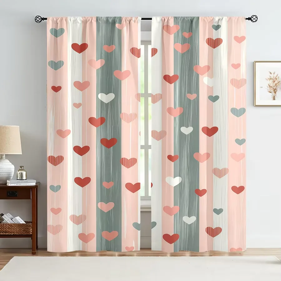 2PCS Multicolor Pastel Heart And Striped Wood Pattern Curtains Rod Pocket Design For Bedroom And Living Room
