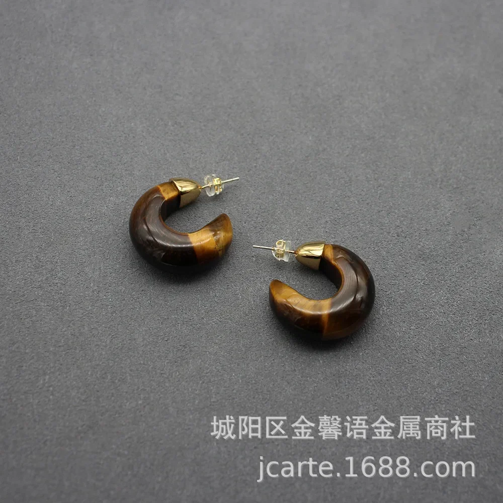 

S925 Silver Needle Tiger Eye Stone C-shaped Earrings Design Energy Stone European and American New Earrings