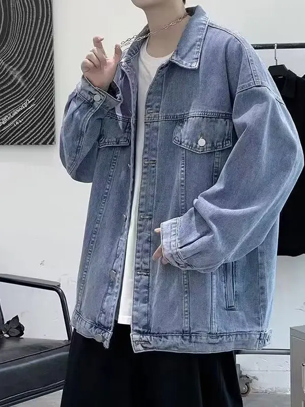Oversize Casual Washed Denim Jacket for Men Loose Fit Vintage Collar Jacket Trendy Brand Polyester Fiber Long Sleeve Coat