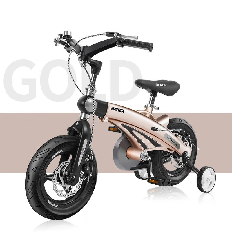 Children\'s Bicycle 12/14/16 Inch Double Disc Brake Gold Retractable Children\'s Bike Foldable Handlebar 2-11 Years Old Scooter