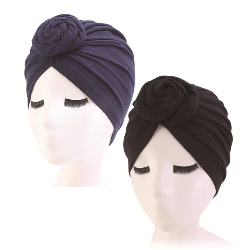 2pcs/lot Women Turban Cotton Top Knot Flower Decor Headwrap Muslim Ladies Hair Cover Beanie Head Wear Solid Color India Hat