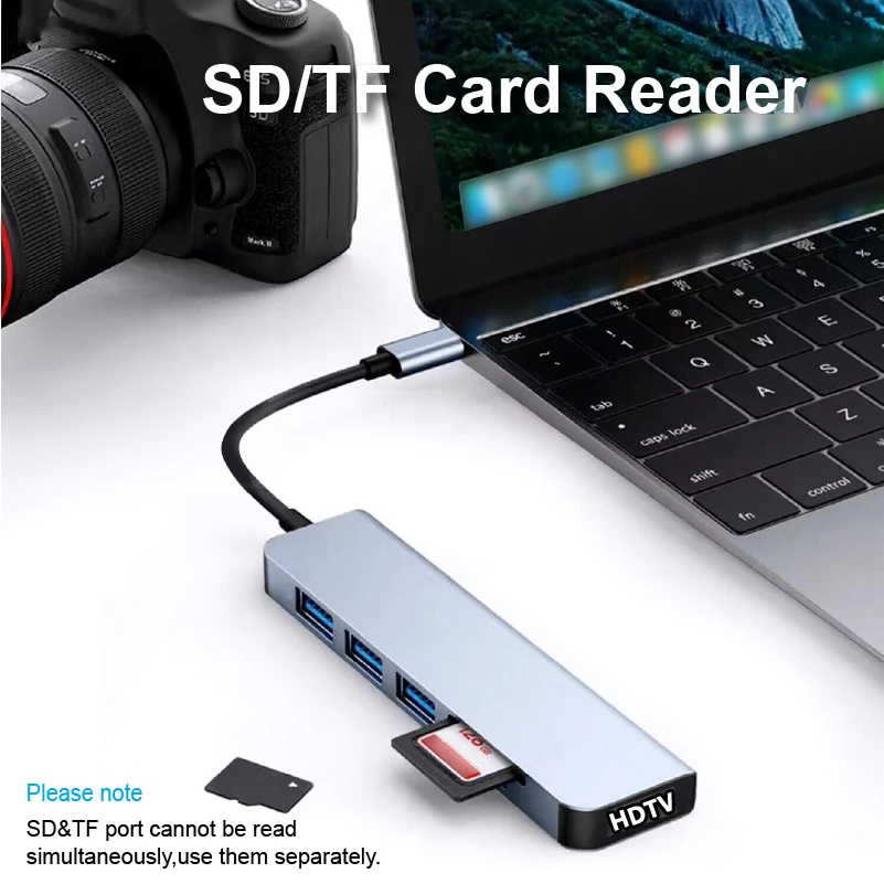 6-in-1 USB C Hub 4K30Hz HDTV SD TF Card Reader USB 3.0 5Gbps 2 USB 2.0 480Mbps Aluminum Plug and Play for Laptop Home Office