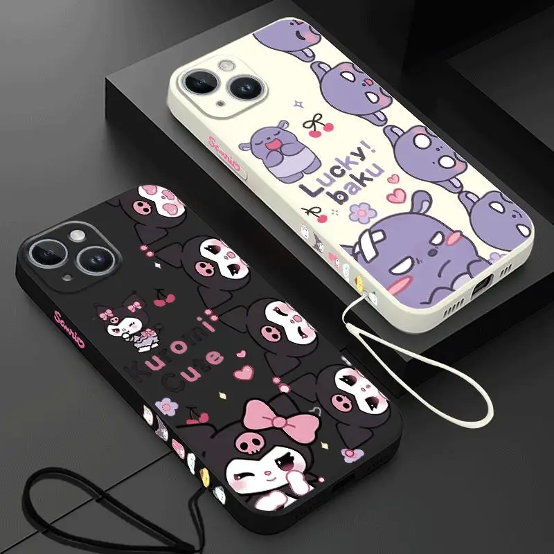 Sanrio Kuromi Baku Phone Case for iPhone 15 Pro Max 14 Plus 13 12 11 Pro XS Max X XR 15 7 8Plus Shockproof Square Liquid Cover